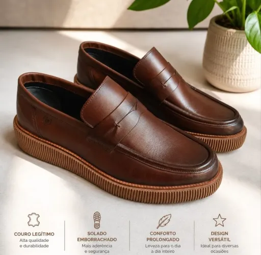 Sapato Masculino Casual em couro marrom e sola de borracha
