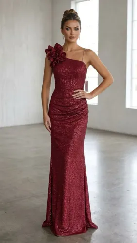 Vestido de Festa Longo Marsala com Brilho e Babado - Novo com Etiqueta