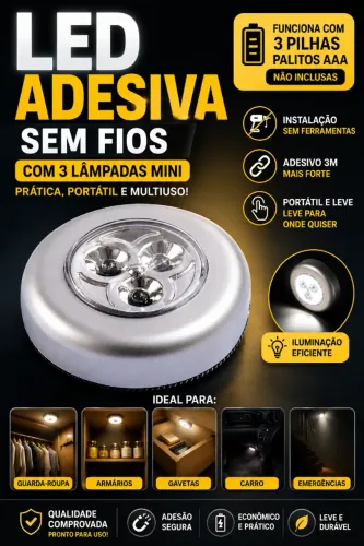 LED adesiva sem fios (c/ 3 lâmpadas míni) tátil (funciona a 3 pilhas palitos AAA)