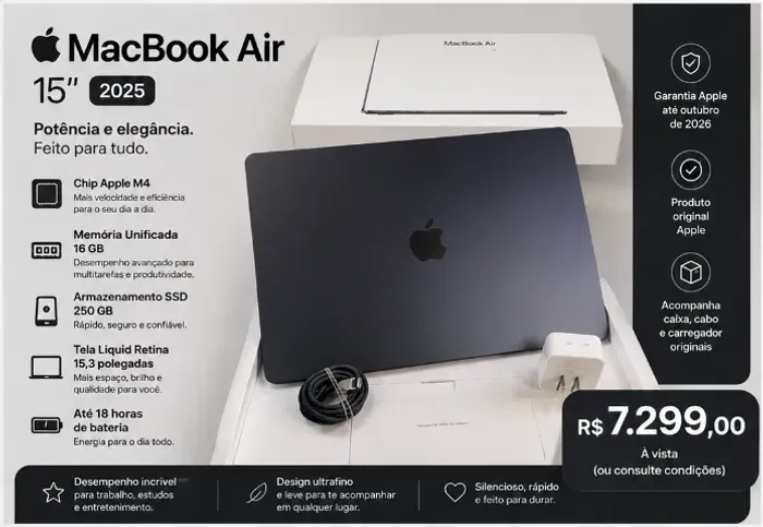 MacBook Air 2025 -15 Polegadas M4 256 Gb Ssd 16 Gb Azul Meia Noite