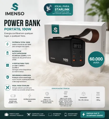 Carregador Portátil Power Bank Starlink Mini 60000mAh IMENSO Rápido Premium Recarregável