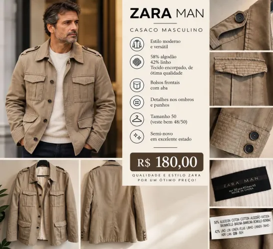 CASACO MASCULINO ZARA MAN | ALGODÃO E LINHO | TAMANHO 50 (G)