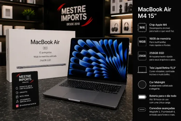 MacBook Air M4 15 Polegadas 16GB RAM 256GB SSD Midnight Novo Lacrado