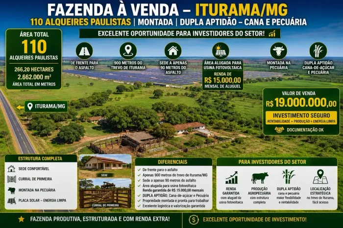FAZENDA À VENDA  ITURAMA/MG | DUPLA APTIDÃO | PECUÁRIA E CANA-DE-AÇÚCAR