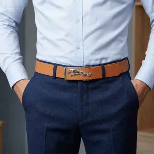 Cinto Masculino em Couro com Fivela Metalizada Tradicional - Marrom Caramelo (110 cm)