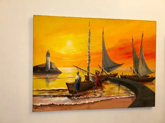 Quadro pintura óleo barcos - 110cm x 80cm - Artista Garro