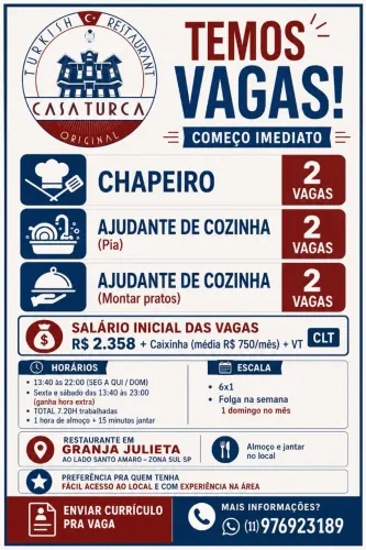 Vagas ajudante cozinha, pia , chapeiro