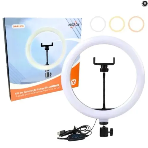 Ring Light 10" OBERON OR-PL10 20W ? 3 Tons (3200K-5500K) + Suporte Celular (USB)