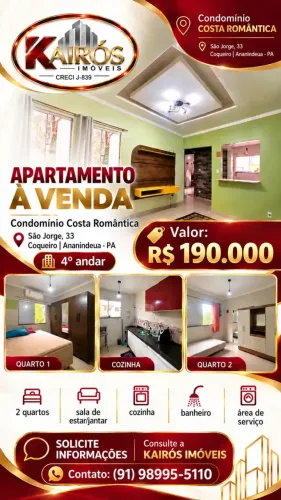 Apartamento à Venda | 2 Quartos | Costa Romântica | Coqueiro  Ananindeua | R$ 190 Mil