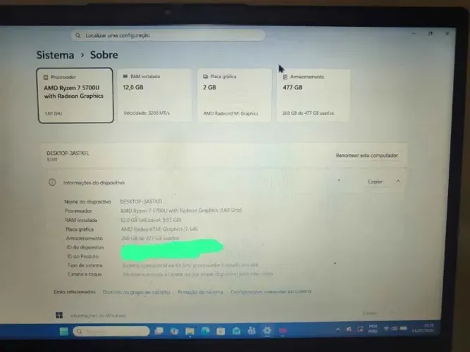 Notebook Lenovo Ideapad 3 Ryzen 7 5700u 12gb RAM
