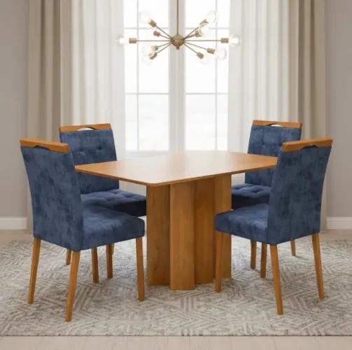 Conjunto Mesa Solaris 120 Cinamomo com 4 Cadeiras Veludo Azul