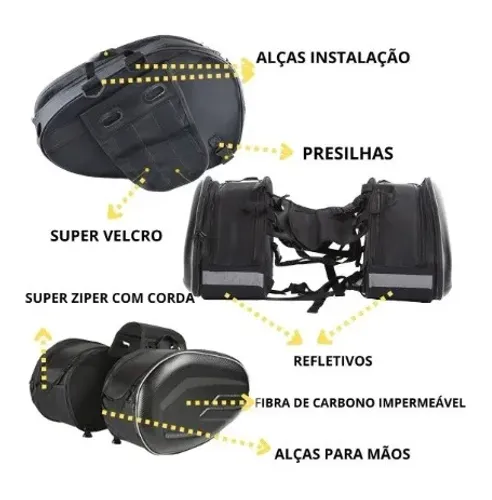 Bolsa Alforje Baú Lateral Para Banco Moto 2 Compartimentos Cor Preto Carbono