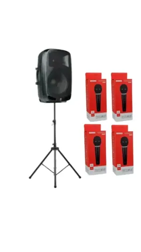 Kit Staner - Caixa Ativa Staner Ps-1501 + 4 Microfone Dinâmico Karaokê TOMATE