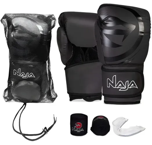 Kit Luva Boxe Muay Thai Naja Black Bandagem + Bucal Cor Preto Tamanho 14oz