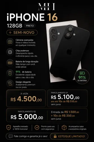 iPhone 16 - 128GB Preto - SEMI-NOVO
