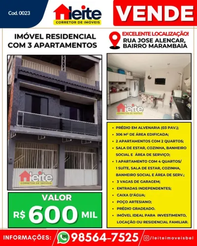 IMÓVEL RESIDENCIAL COM 3 APARTAMENTOS PARA VENDA NO BAIRRO DA MARAMBAIA/BELÉM/PA.