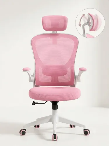 Cadeira de Escritório Ergonômica Rosa e Branca (Com Apoio de Cabeça)