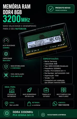 Memória RAM Samsung 8GB DDR4 3200MHz para Notebook ? Original, Lacrada