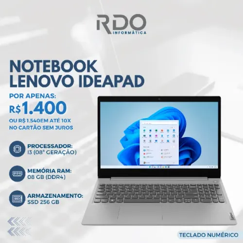 Notebook Lenovo IdeaPad i3 8ª 8GB SSD 256GB / Teclado Numérico - Notebook barato