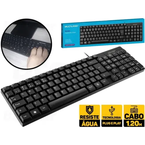 Teclado Com Fio Compacto Conexão USB Cabo de 120cm Resistente Água Preto - TC193
