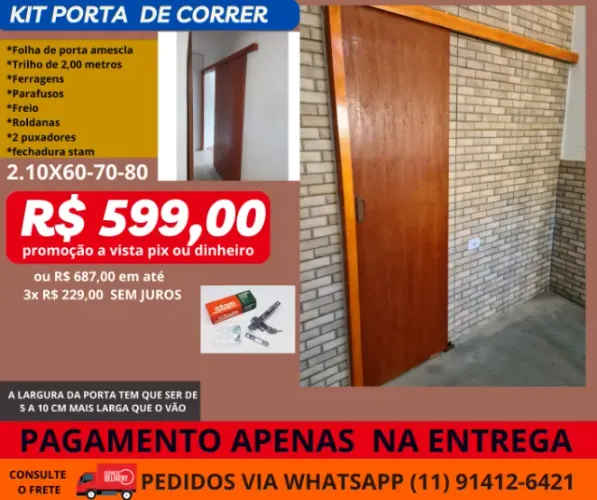 kit porta de correr acabamento em eucalipto linha solt