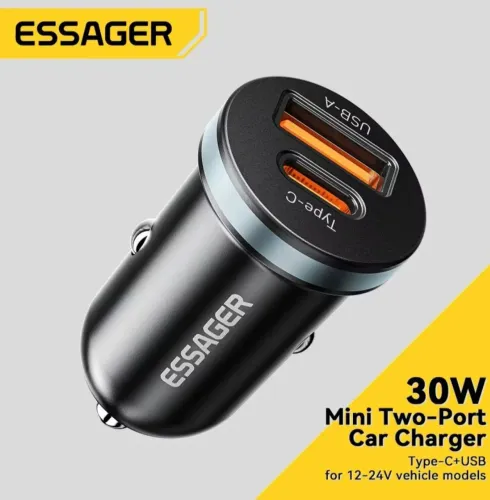 Essager Carregador Veicular 30W Mini 2 Portas USB-A e Tipo-C