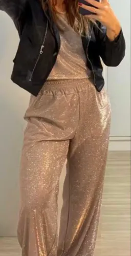 Calça wide leg glitter dourado 