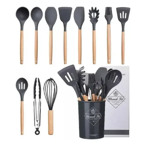 KIT COLHERES DE SILICONE COM O CABO DE MADEIRA 12PÇS 