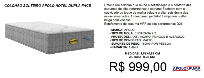 COLCHAO SOLTEIRO APOLO MOLA POCKET HOTEL DUPLA FACE 88X188X28