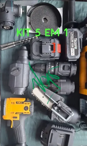 Kit 5 em 1 Parafusadeira Furadeira Martelete Esmerilhadeira Motoserra