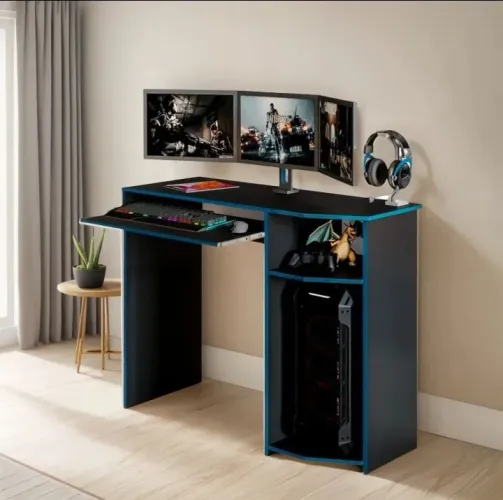 Mesa gamer com detalhe azul 