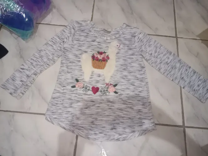 Camiseta Infantil Manga Longa com Lhama e Flores