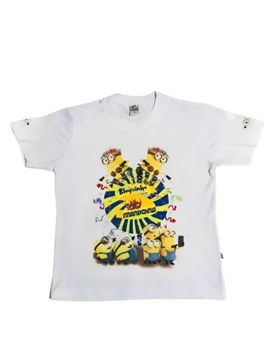 Camiseta de manga curta branca infantil TRIX, tema: CARNAVAL COM OS MINIONS