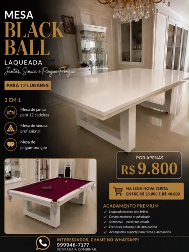 Mesa Black Ball Laqueada, Jantar, Sinuca e Ping Pong