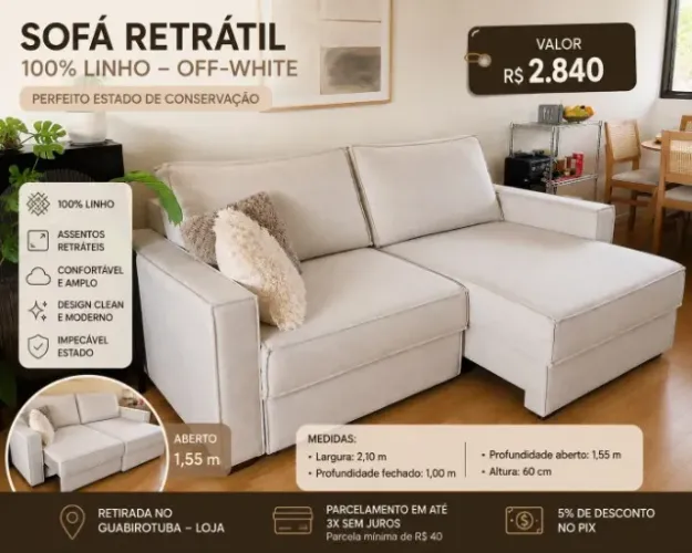 SOFÁ RETRÁTIL OFF-WHITE 100% LINHO - IMPECÁVEL