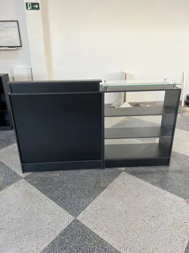 BALCÃO CAIXA + BALCÃO VITRINE COM TAMPO DE VIDRO MDF PRETO 