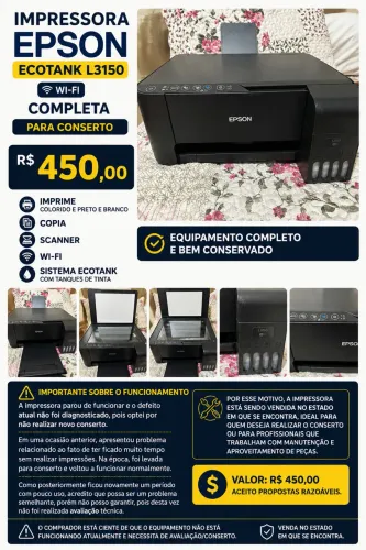 Impressora Epson EcoTank L3150 Wi-Fi - Completa - R$ 450