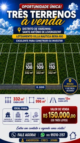 Três Terrenos a Venda - Villa Náutica Beira Rio