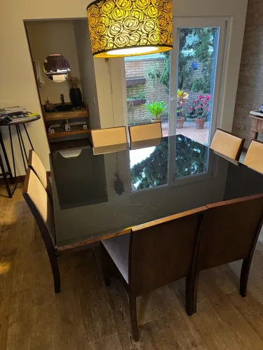 Mesa de jantar quadrado com tampa de vidro preta e moderna+8cadeiras