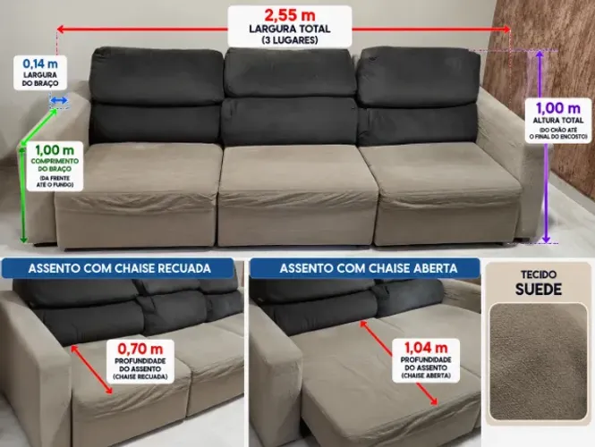 SOFÁ DE 3 LUGARES COM CHAISE NO TRÊS ASSENTOS EM TECIDO SUEDE NO TAMANHO DE 2,55 M