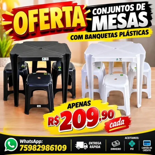 Conjuntos de mesas com bancos plásticos - Cada: