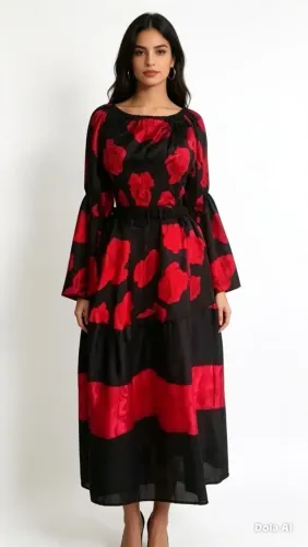 Conjunto Novo Pombagira saia e blusa Floral Vermelho e Preto