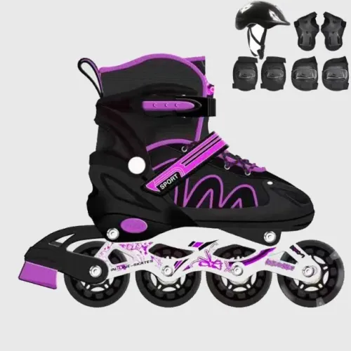 Patins Inline Infantil Ajustável Preto com Roxo Meninos Meninas Com Protecao