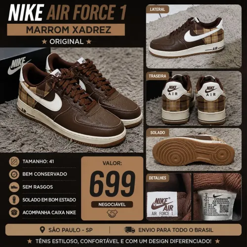Nike Air Force 1 Original Marrom Xadrez Tam. 41 - R$ 699