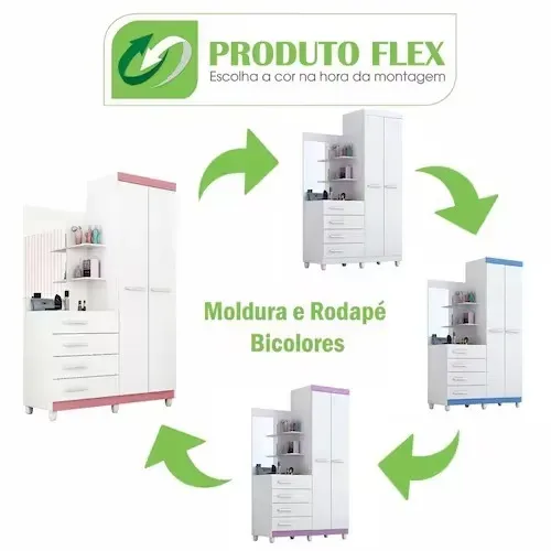 Guarda Roupa Solteiro com Espelho 2 Portas 4 Gavetas Melissa ACP Móveis Flex Color - BRANC