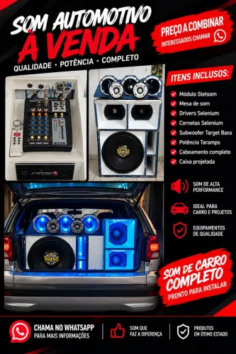 Som Automotivo Completo com Caixa, Subwoofer Target Bass, Drivers e Módulos