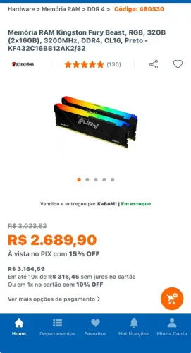 Memória RAM Kingston Fury Beast, RGB 3200MHz, DDR4, CL16