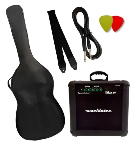 Kit P/ Guitarra Com Cubo Capa Palhetas Cabo Correia Preto Direita