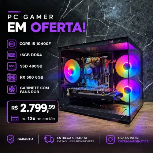 PC GAMER CORE I5 10400F/ 16GB DDR4/ RX 580 8GB/ SSD 480GB 12X NO CARTAO