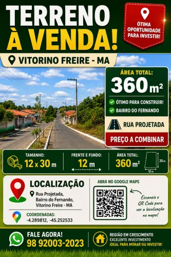 ? ? TERRENO À VENDA EM VITORINO FREIRE - MA  ?